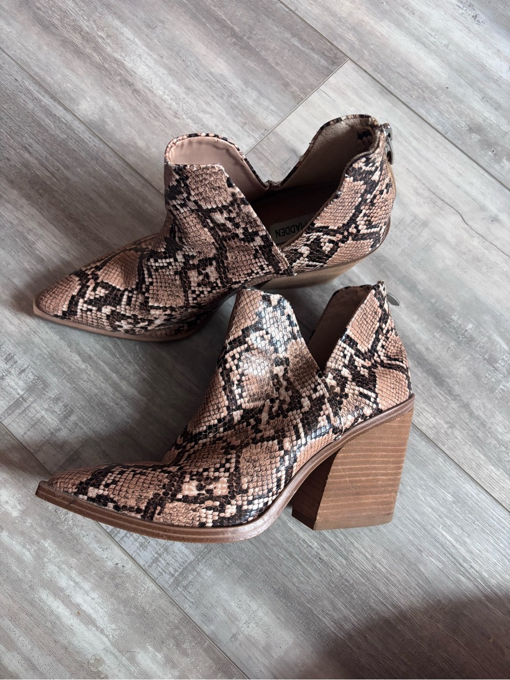 Steve Madden Snake-Print Pointed Toe Block Heel Ankle Boots - Tan/Black